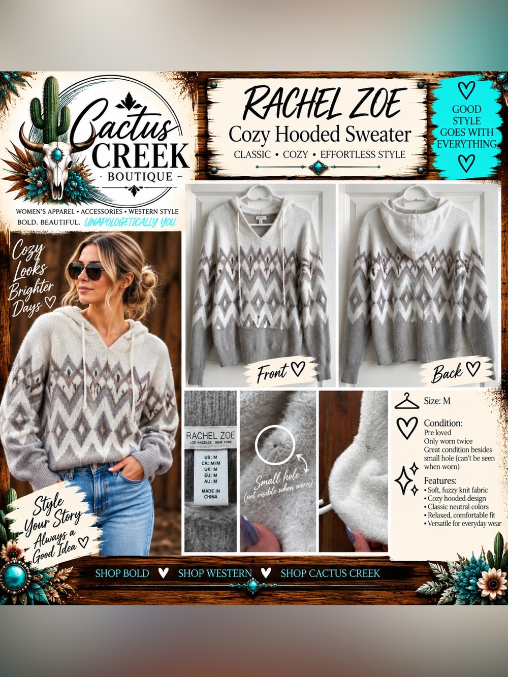 Rachel Zoe Hooded Knit Sweater in Gray and Cream Aztec